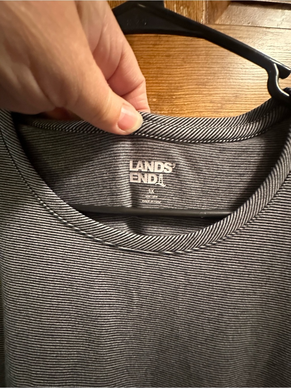 Lands' End Women's Charcoal and White Striped Crew Tee